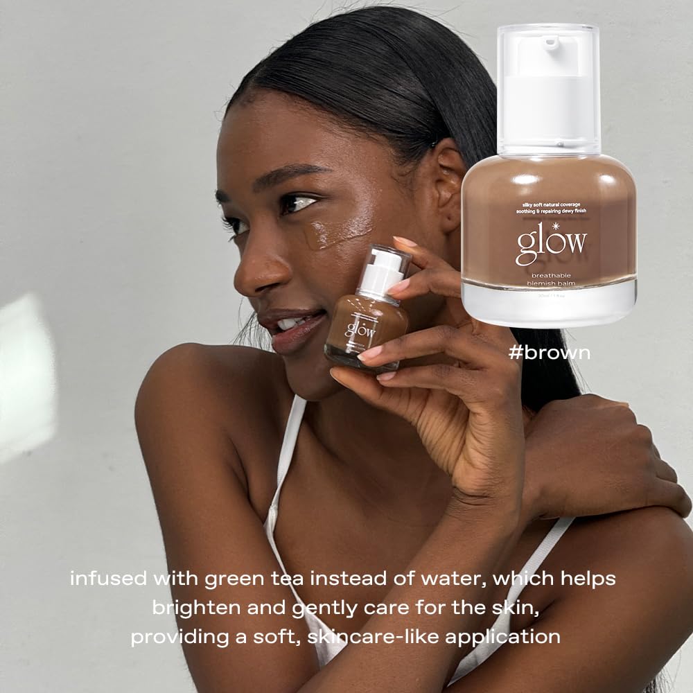 glow breathable blemish balm #brown : lightweight & hydrating, skincare-like, medium-coverage bb cream infused with green tea water, 1 fl oz